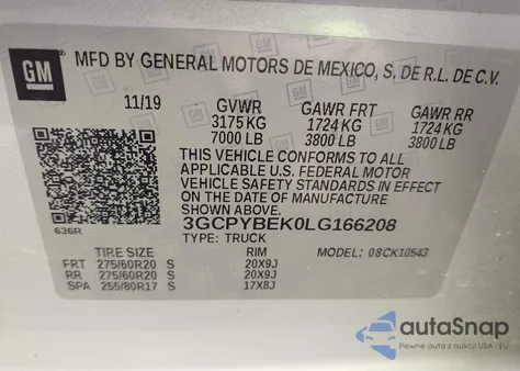 2020 Chevrolet Silverado 1500 4Wd Short Bed Custom z USA, uszkodzony, nr VIN 3GCPYBEK0LG166208